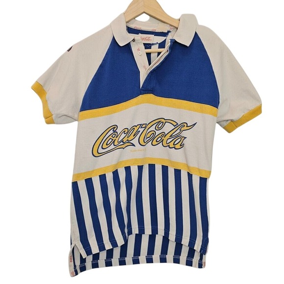 Coca-Cola Stripe Open Water Yacht Club Vintage Baseball Polo Shirt Size Small - Picture 1 of 16